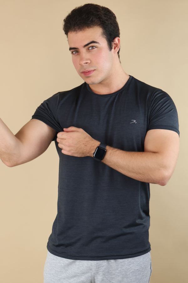 Playera Transpirable Hombre Para Ejercicio Negro Jaspe Manga Corta